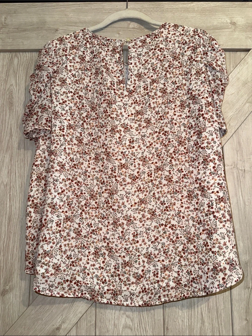 LOFT White Blouse with Rust Floral Print and Puff Sleeves